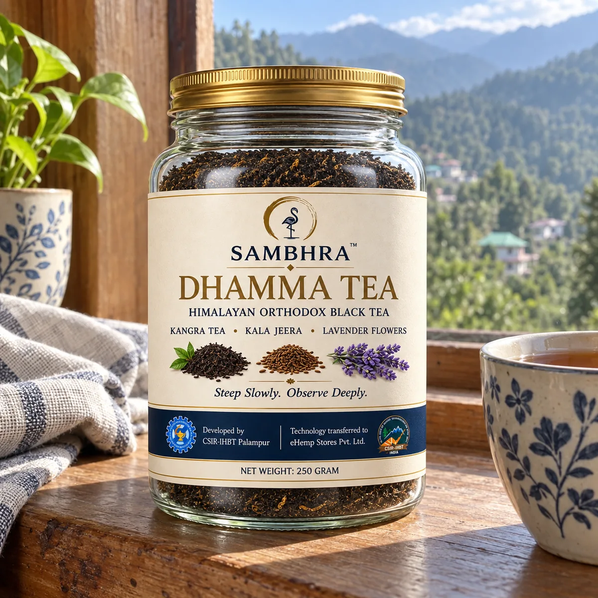 Dhamma Tea on a Himalayan window ledge Sambhra Dhamma Tea 250 g glass jar on a wooden window ledge in a Himalayan home, green mountain slopes and a ceramic cup of tea beside it