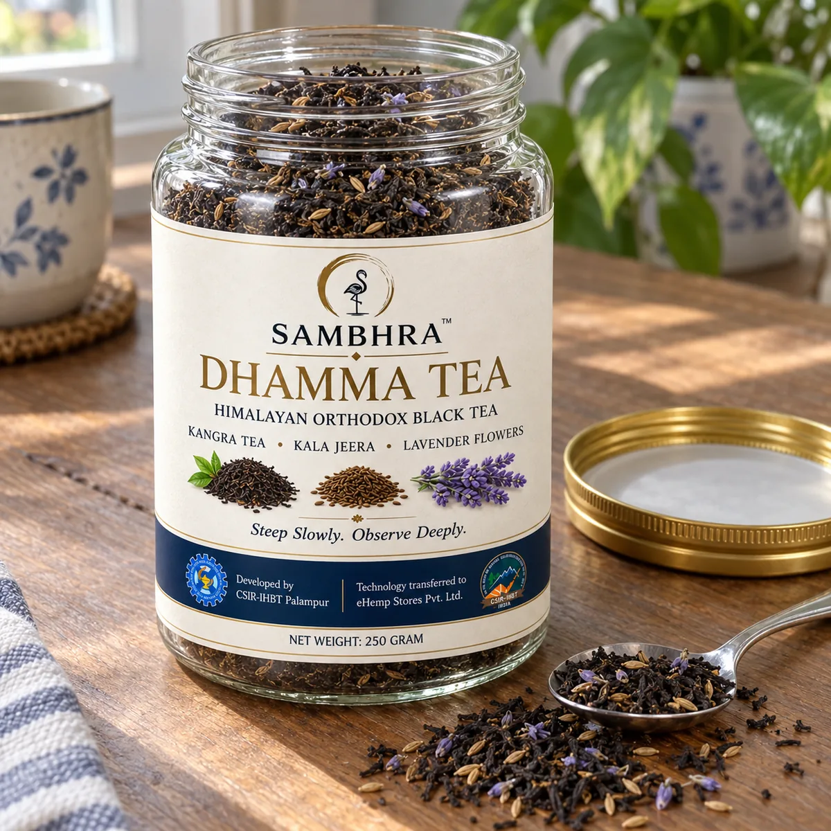 Dhamma Tea jar open on a wooden table Dhamma Tea glass jar open with its gold screw lid beside it, showing loose black tea, lavender buds and kala jeera seeds inside