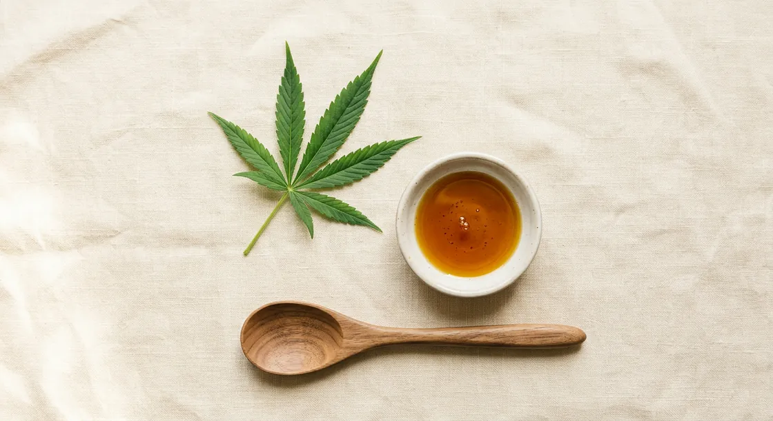 A fresh hemp leaf beside a dish of amber botanical oil on cream linen