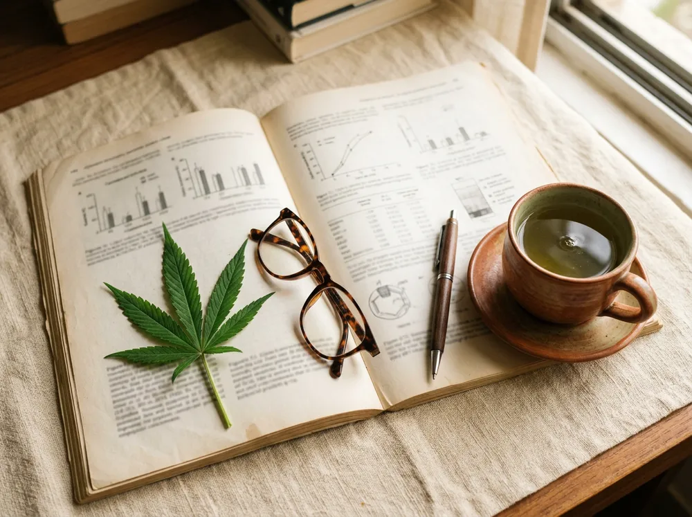Clinician reviewing published research on cannabis leaf extract for chronic pain