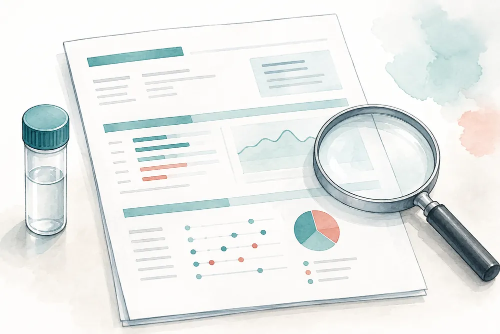 Illustration of a laboratory report, magnifying glass and sealed sample vial