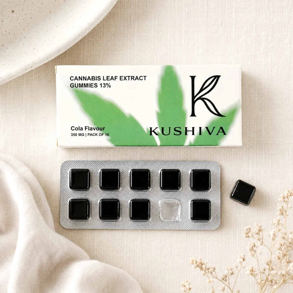 Kushiva cannabis leaf extract gummies in their blister pack and carton