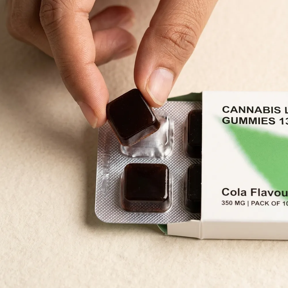 Hand holding a blister pack of Kushiva cola cannabis leaf extract gummies