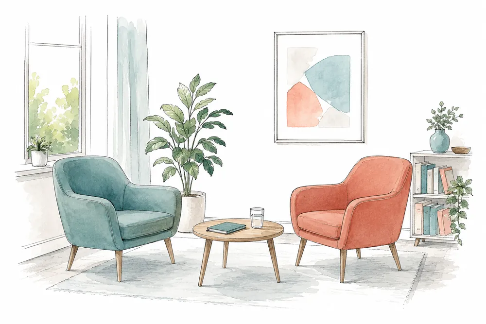 Illustration of two chairs in a calm consultation room