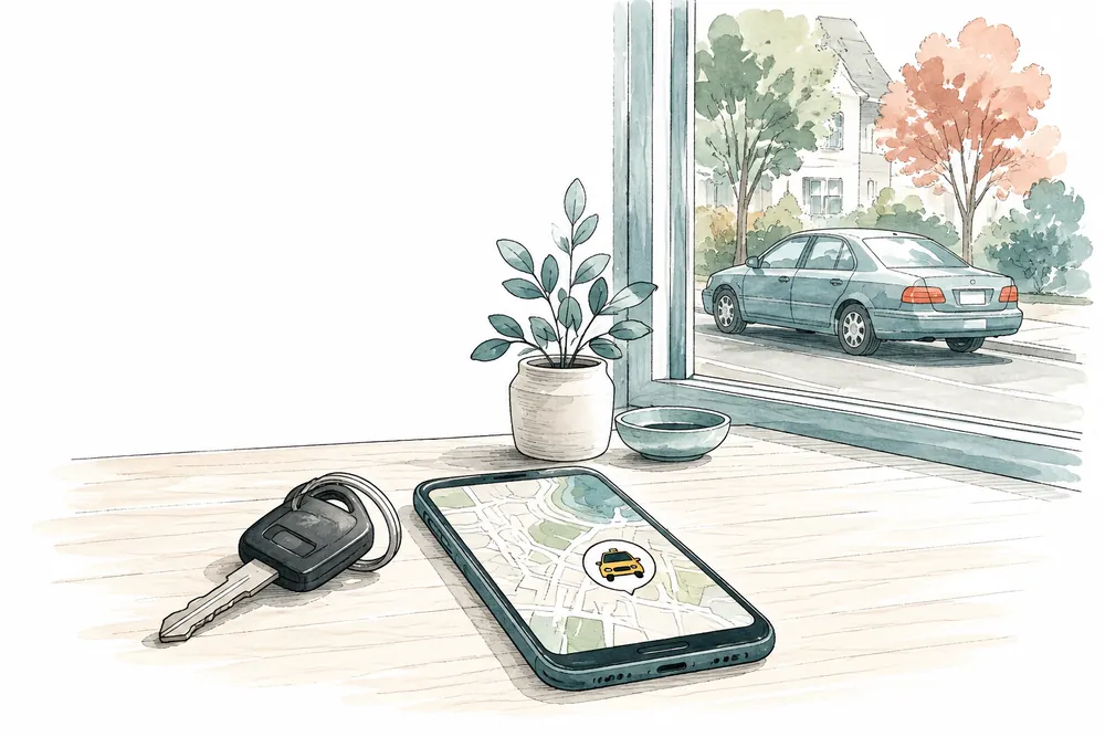 Illustration of car keys left on a table beside a phone showing a ride-booking map