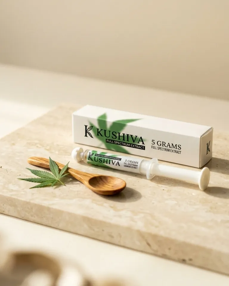 Kushiva full-spectrum cannabis leaf extract applicator and box with a hemp leaf on a cream stone surface
