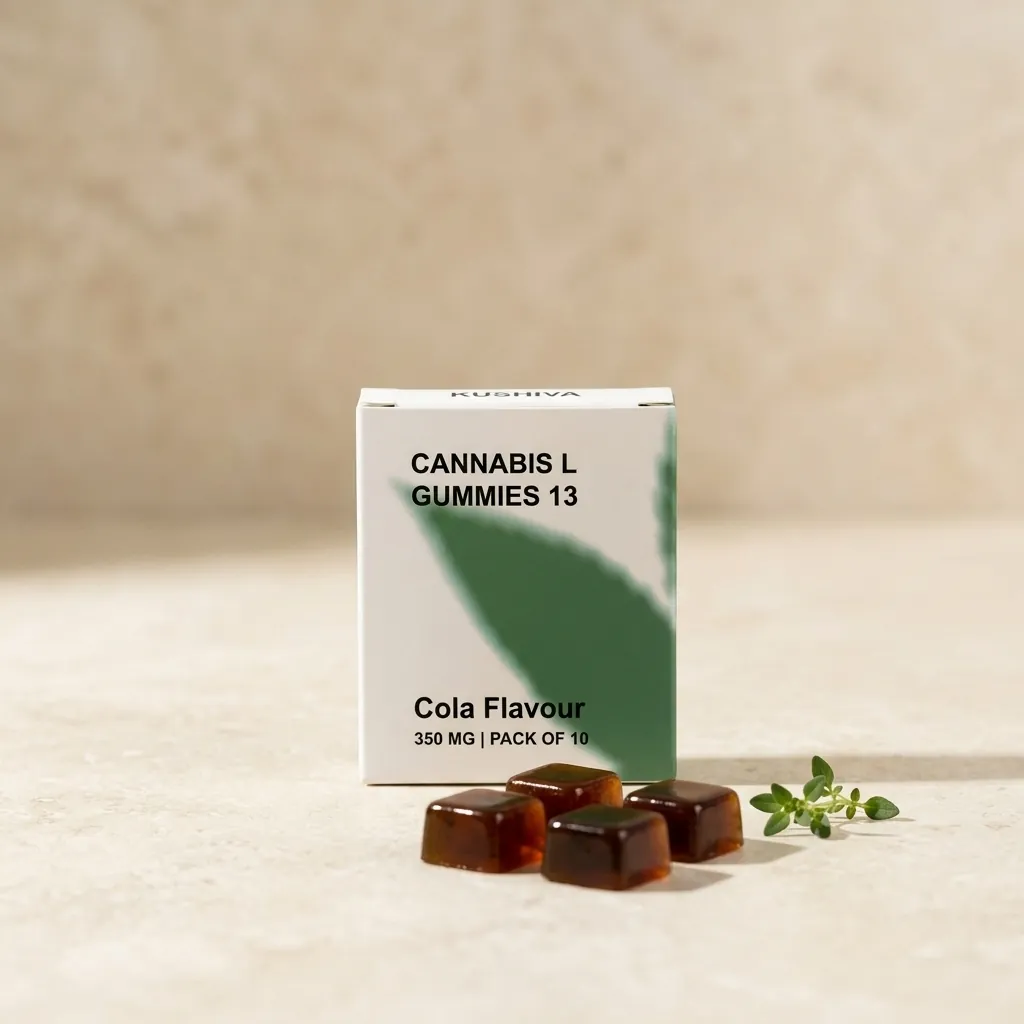Kushiva cannabis leaf extract cola gummies box and blister pack with gummies on a cream stone surface