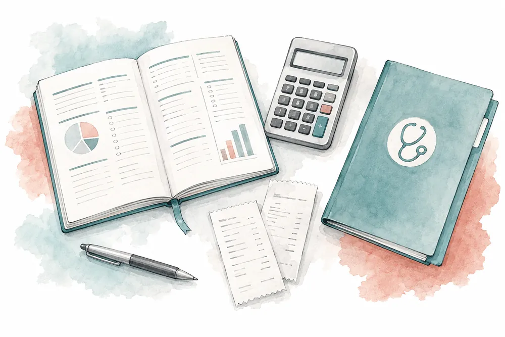 Illustration of a budget notebook, calculator and receipts beside a medical folder