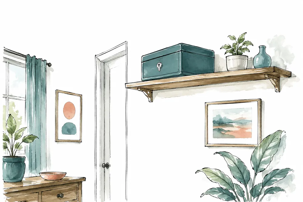 Illustration of a lockable storage box on a high shelf, out of a child's reach