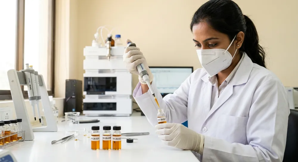 Laboratory analyst testing botanical extract samples for a certificate of analysis