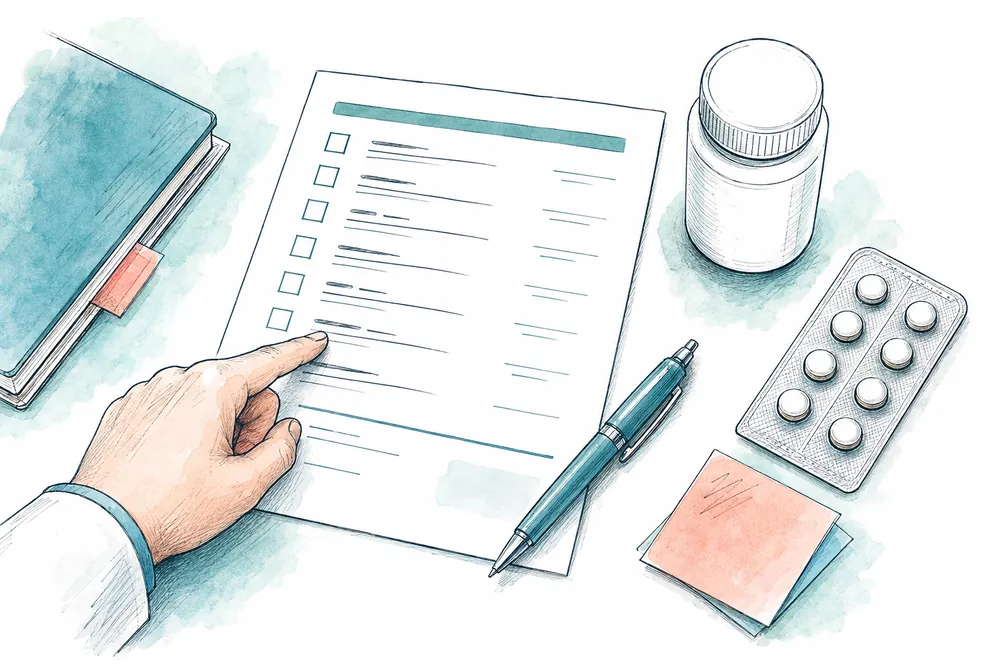 Illustration of a medication checklist, pill bottle and blister pack on a desk
