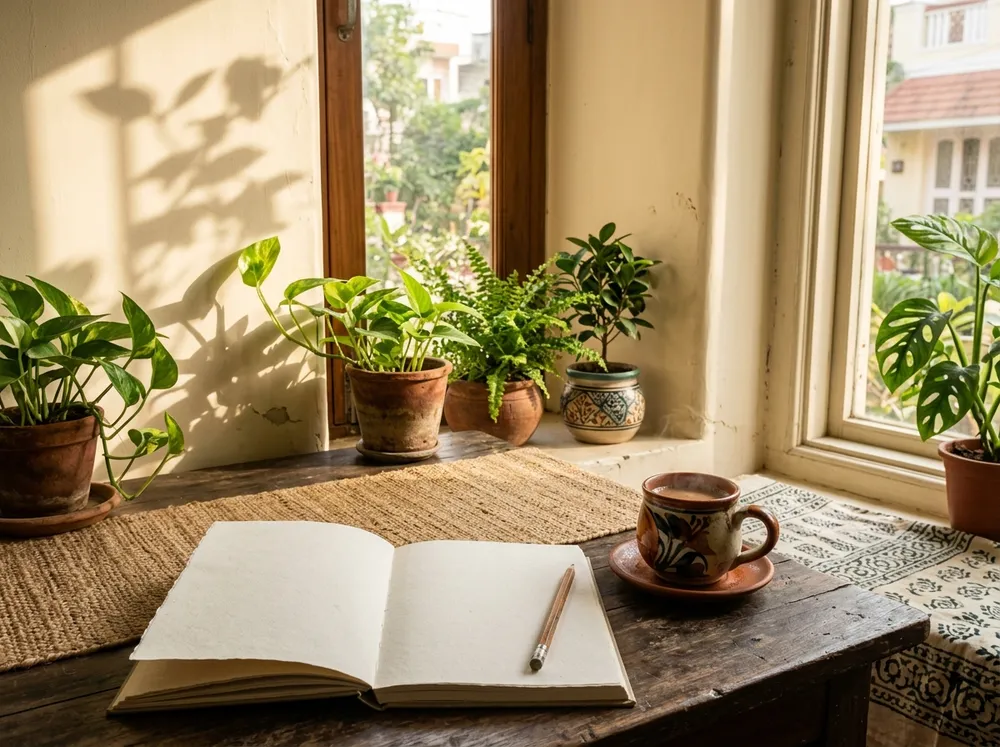 Morning light and journal routine supporting healthy sleep hygiene