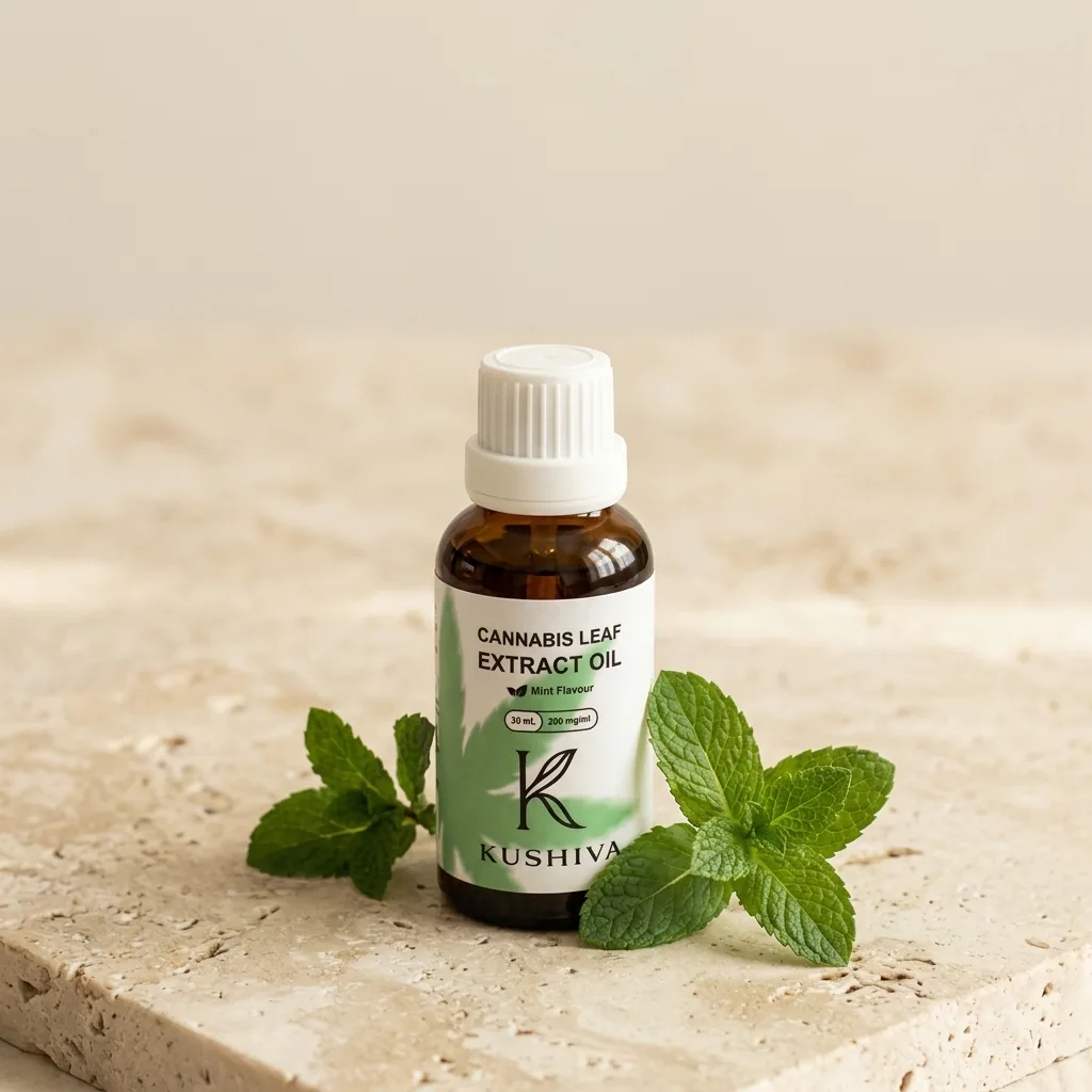 Kushiva cannabis leaf extract oil 30 ml amber dropper bottle with fresh mint on a cream stone surface