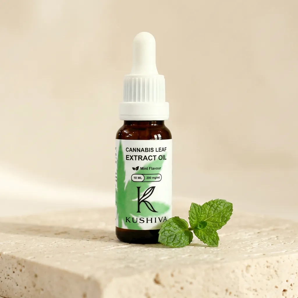 Kushiva cannabis leaf extract oil 10 ml amber dropper bottle with fresh mint on a cream stone surface
