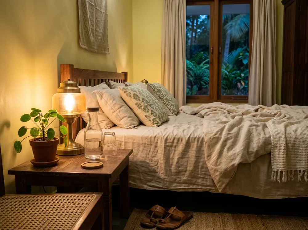 Person resting in a calm evening setting, representing Vijaya for sleep support
