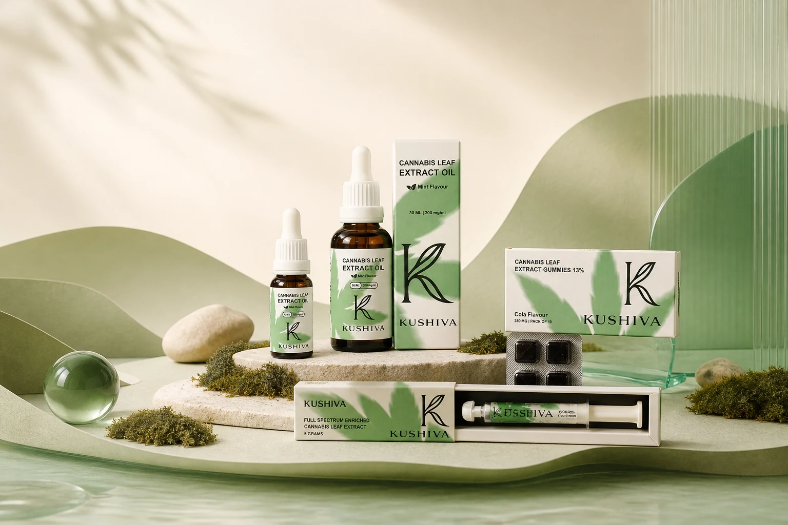 Kushiva cannabis leaf extract formats: oil dropper bottles, cola gummies and concentrated extract