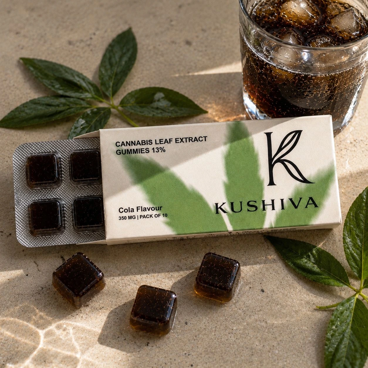 kushiva cola cannabis leaf extract gummies 13 percent tabletop lifestyle 03