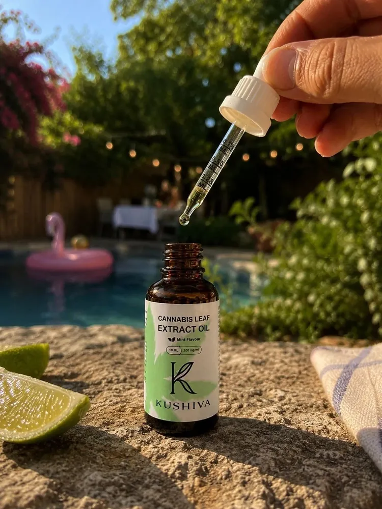 kushiva cannabis leaf extract oil 30ml mint dropper closeup lifestyle 08