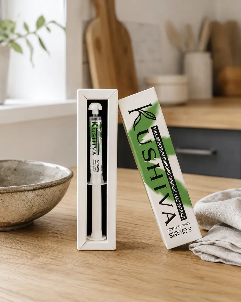 Kushiva full-spectrum enriched cannabis leaf extract 5 g applicator in its open box