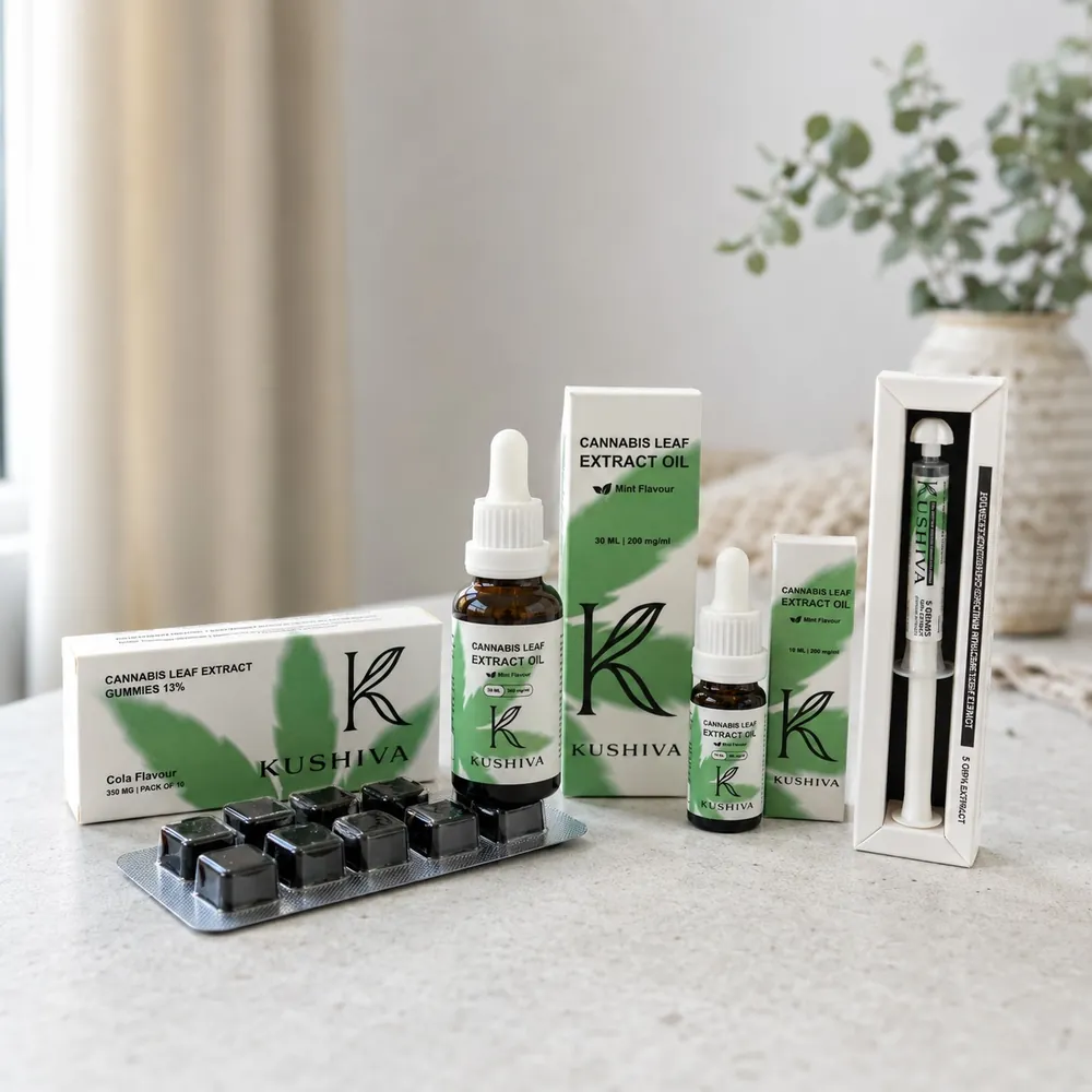 Kushiva full product range: cannabis leaf extract oils, gummies and enriched extract