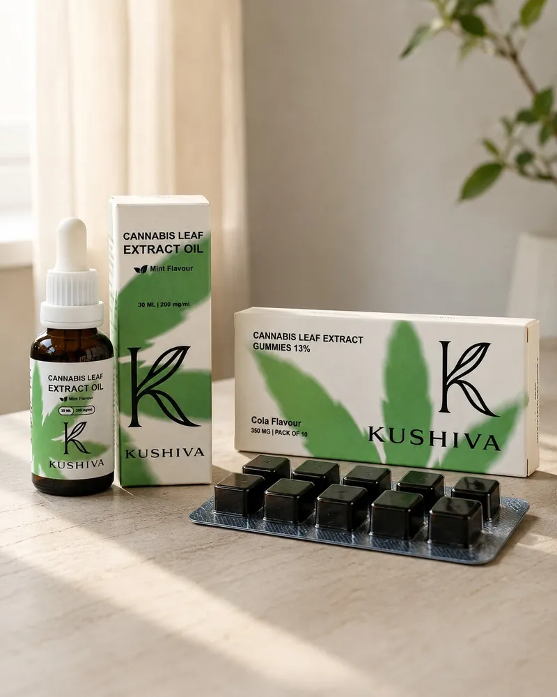 Kushiva cannabis leaf extract oil and gummies range on a table