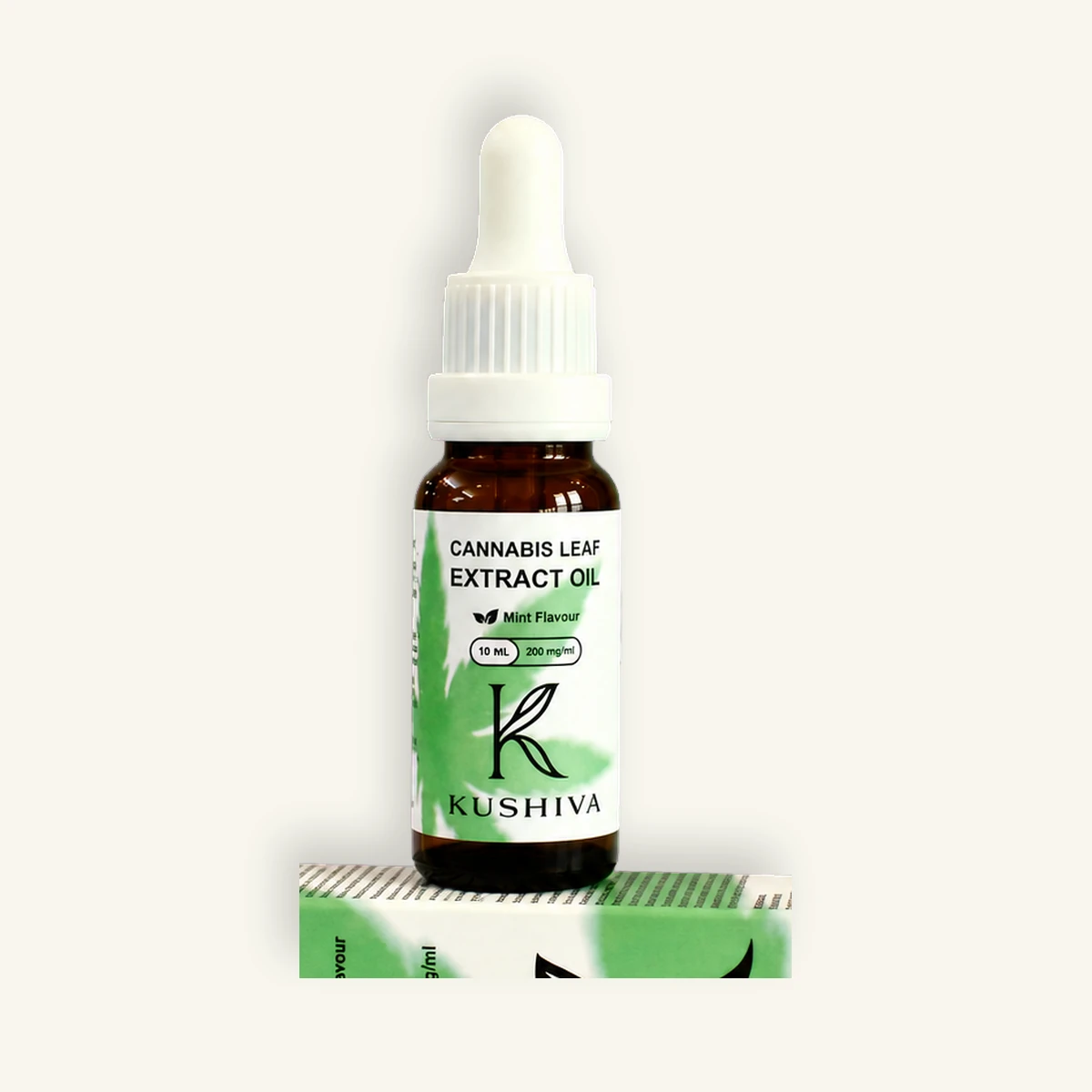 Kushiva compact cannabis leaf extract oil bottle close-up