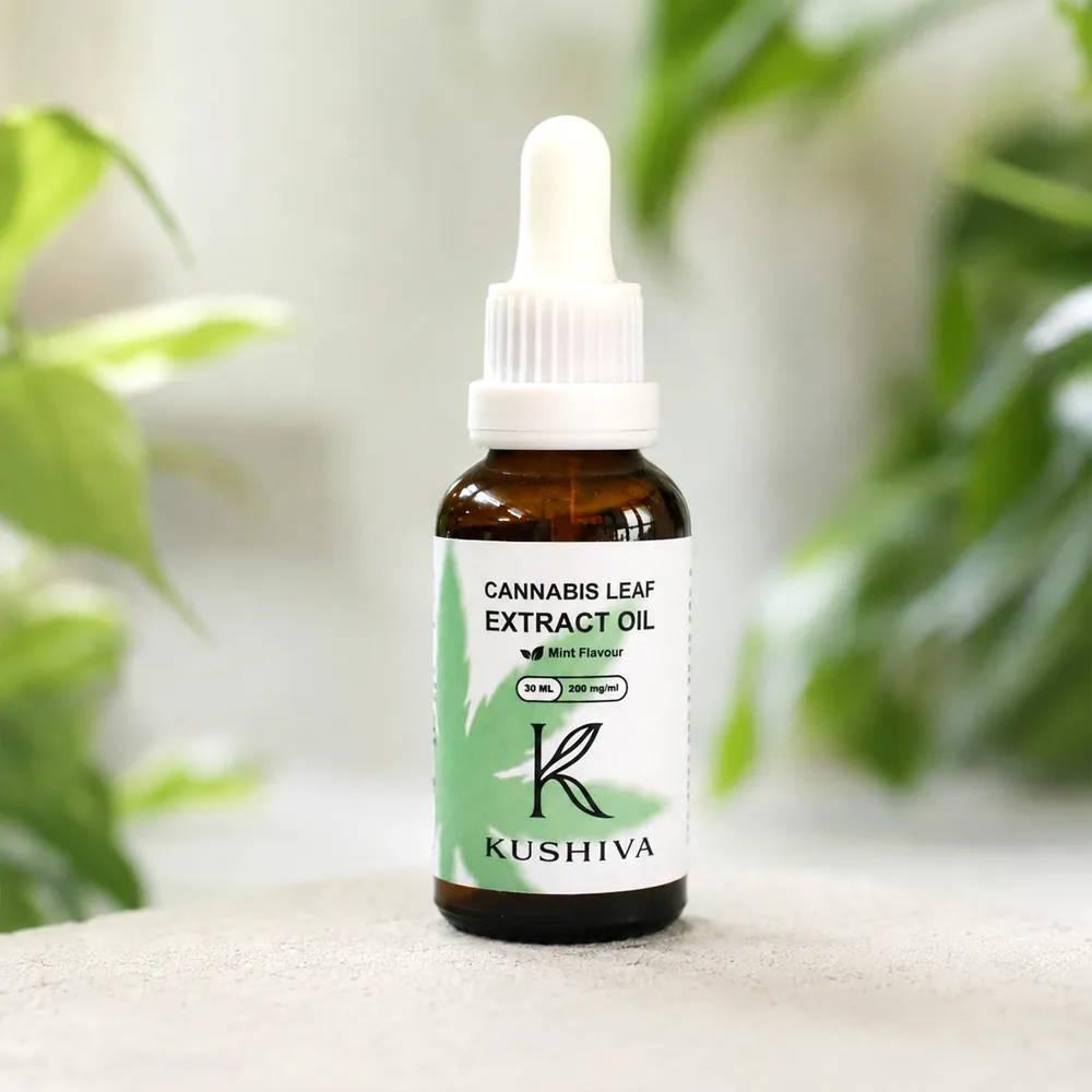 Kushiva Cannabis Leaf Extract Oil 30 ml amber dropper bottle, mint flavour, 200 mg per ml