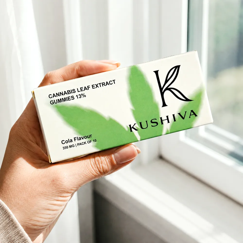 Kushiva Cannabis Leaf Extract Gummies 13 percent cola flavour carton held in one hand