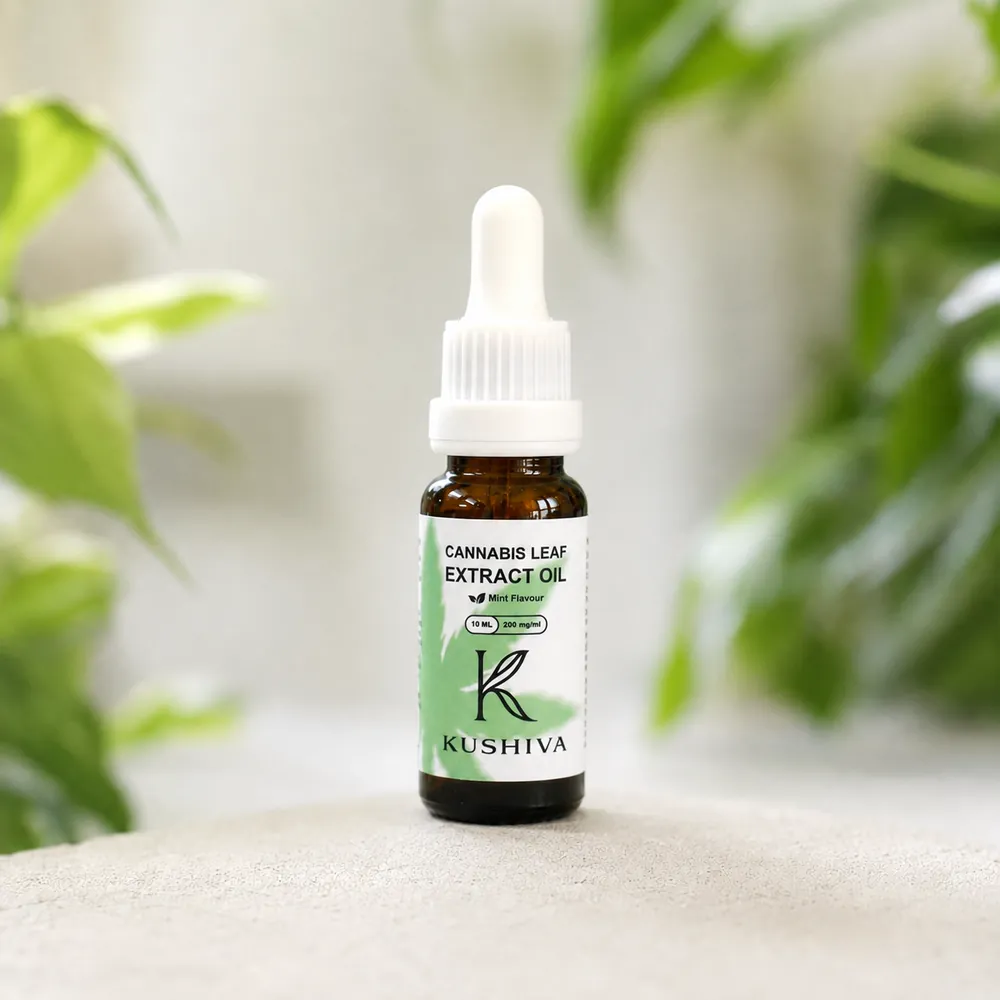 Kushiva Cannabis Leaf Extract Oil 10 ml amber dropper bottle, mint flavour, 200 mg per ml