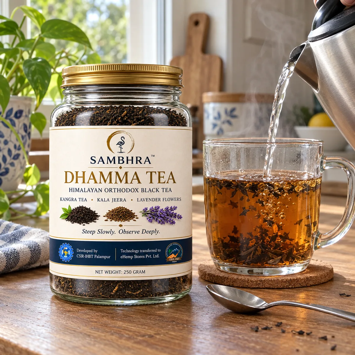 Hot water poured from a kettle onto Dhamma Tea leaves infusing in a mug, with the 250 g jar alongside