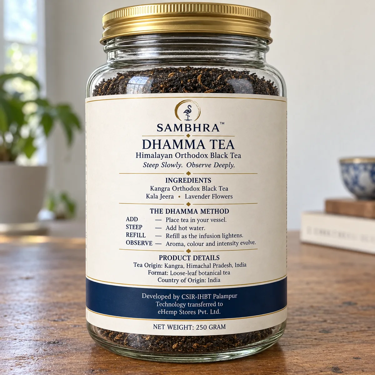 Dhamma Tea back label listing the ingredients, the Dhamma method and the product details