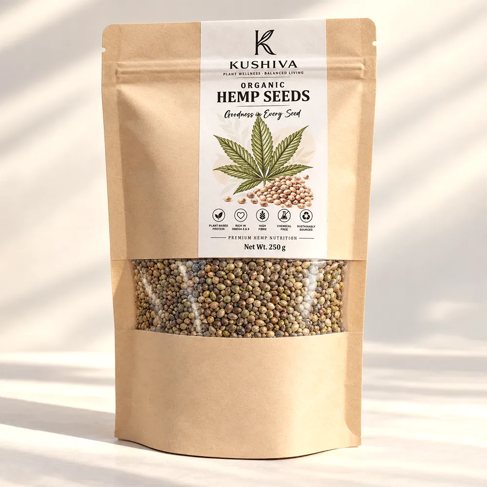 Kushiva Organic Hemp Seeds 250 g kraft pouch in dappled sunlight, hemp leaf illustration and Net Wt. 250 g on the label